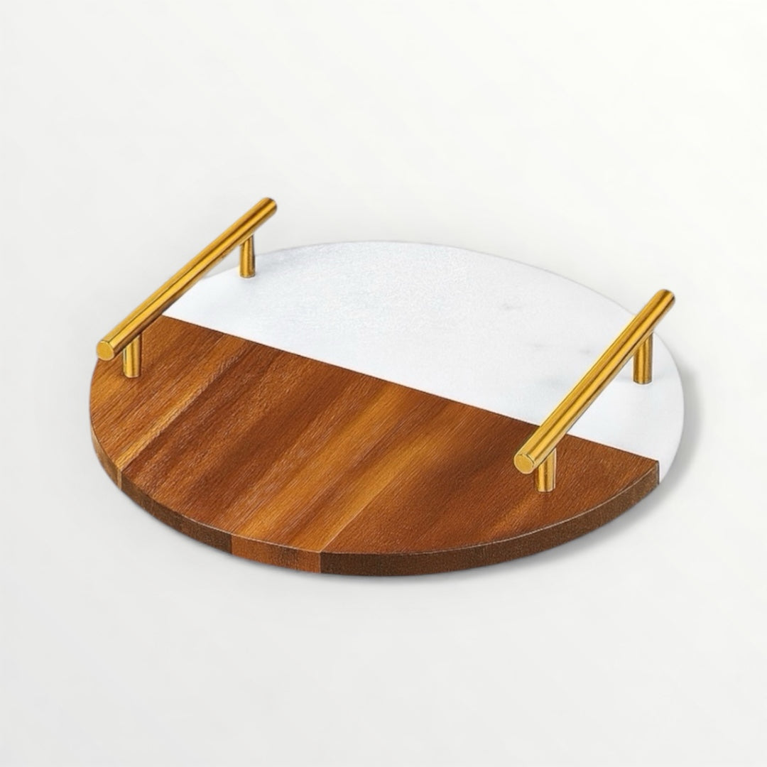 Marble and Wooden Platter with Gold Handles