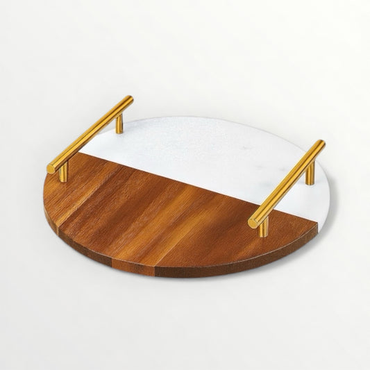 Marble and Wooden Platter with Gold Handles