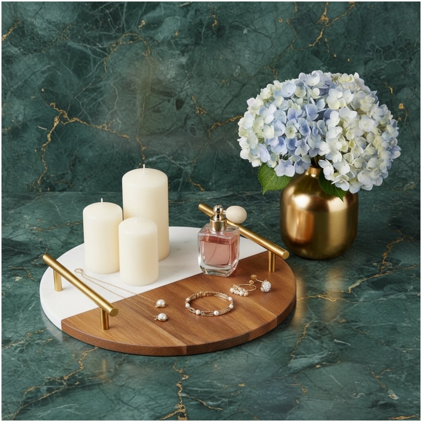 Marble and Wooden Platter with Gold Handles