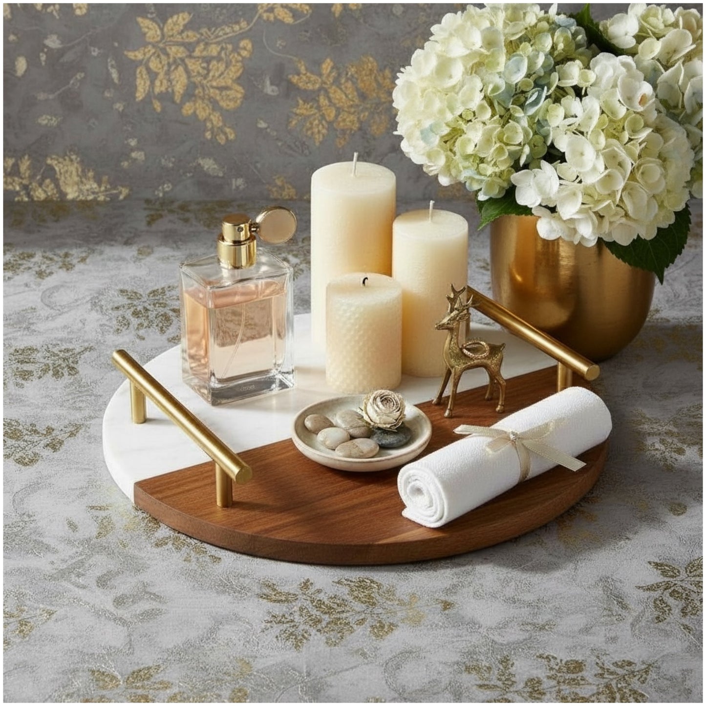 Marble and Wooden Platter with Gold Handles
