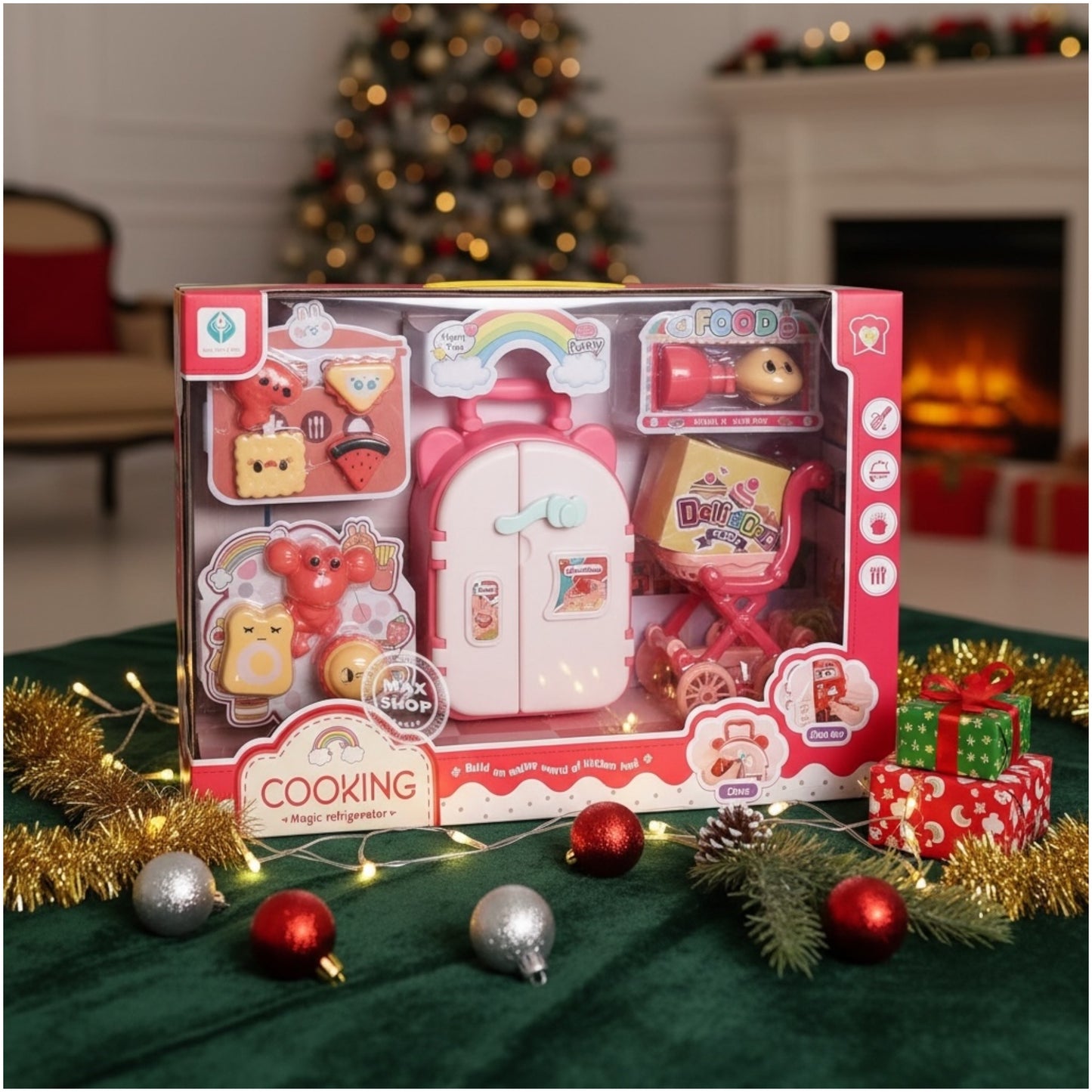 Toy Kids Cooking Refrigerator Playset – Pretend Kitchen Toy with Food Accessories (38×26×9 cm)