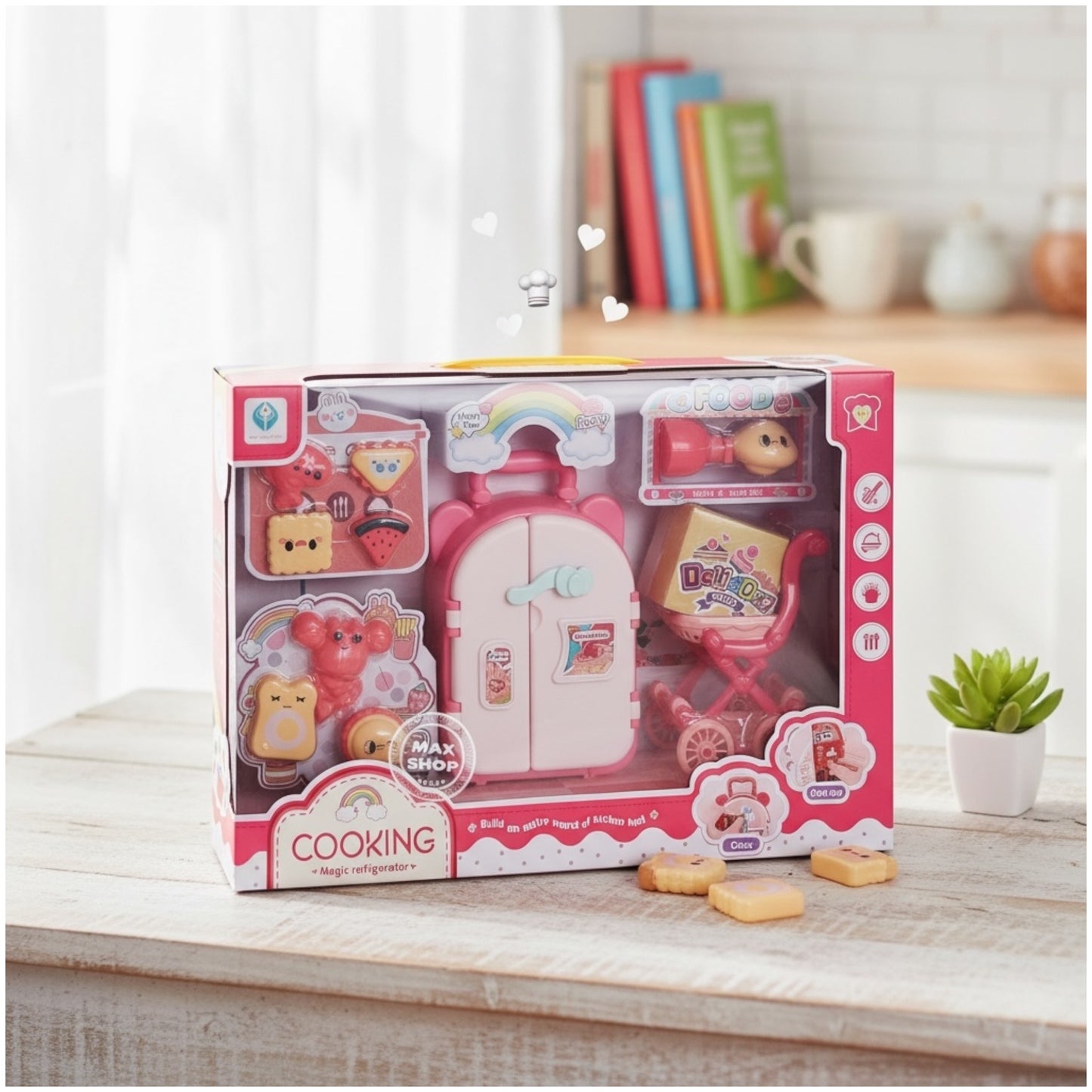 Toy Kids Cooking Refrigerator Playset – Pretend Kitchen Toy with Food Accessories (38×26×9 cm)