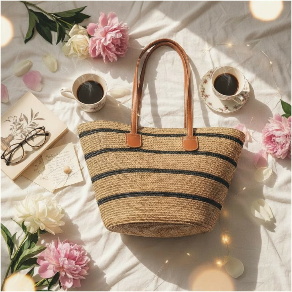 Chic Striped Straw Tote Bag – Summer Beach & Everyday Carry Essentials Bag