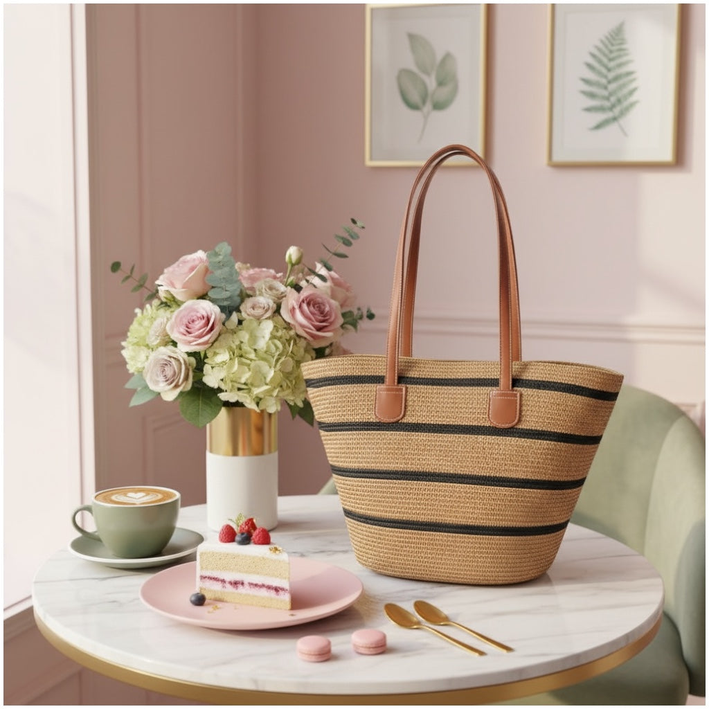 Chic Striped Straw Tote Bag – Summer Beach & Everyday Carry Essentials Bag