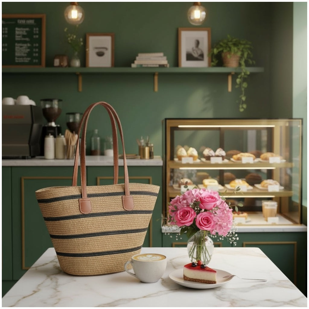 Chic Striped Straw Tote Bag – Summer Beach & Everyday Carry Essentials Bag