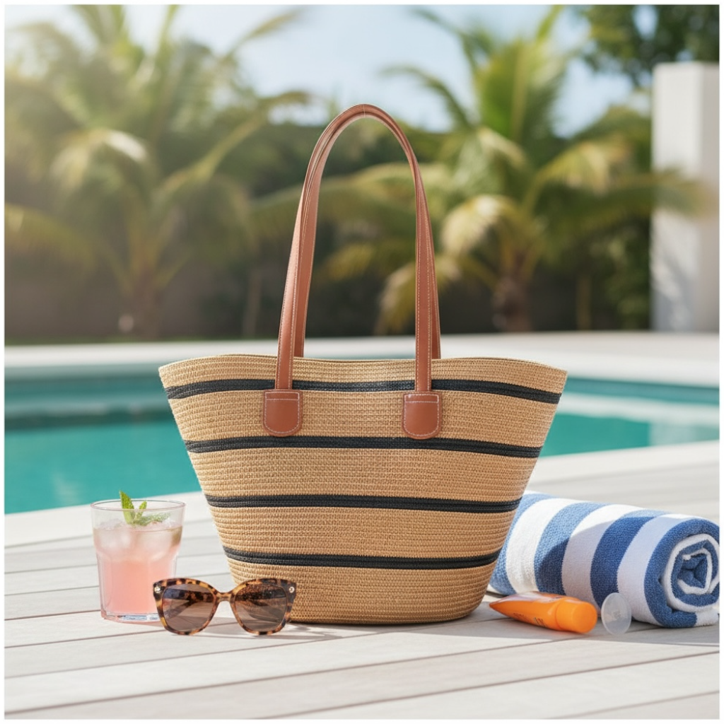 Chic Striped Straw Tote Bag – Summer Beach & Everyday Carry Essentials Bag