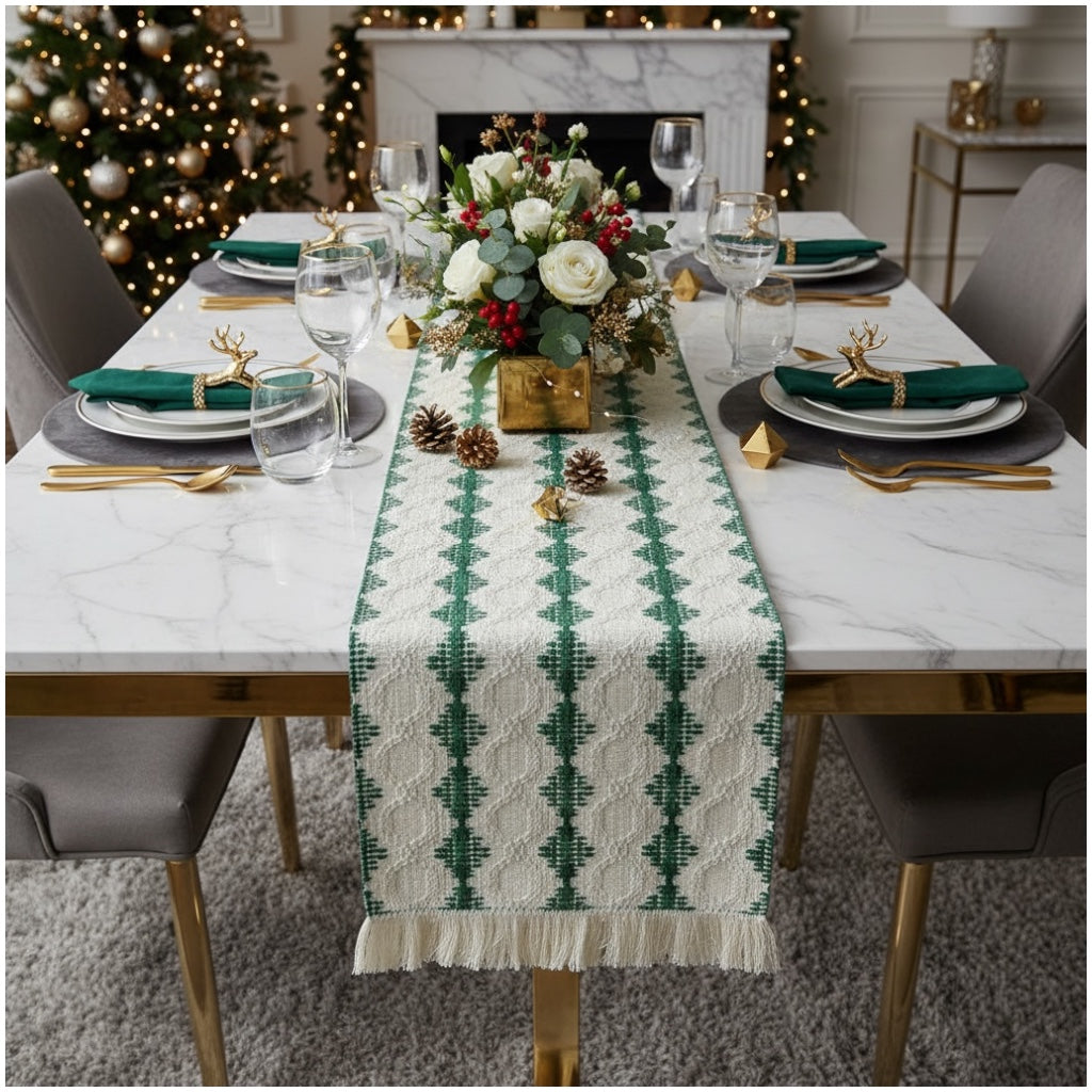 Beautifully Woven Green and Cream Cotton Crochet-Look Table Runner–30 × 180cm
