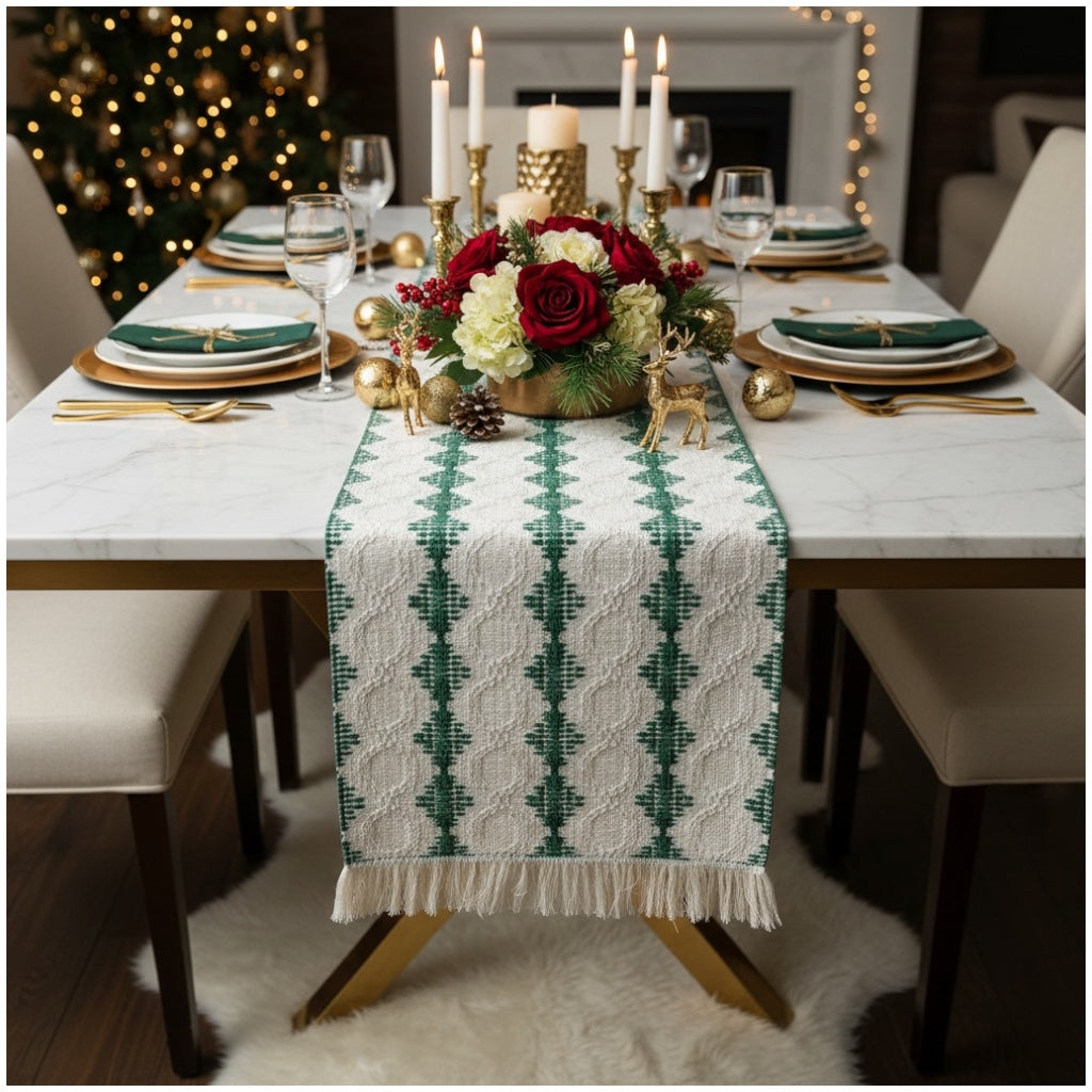 Beautifully Woven Green and Cream Cotton Crochet-Look Table Runner–30 × 180cm