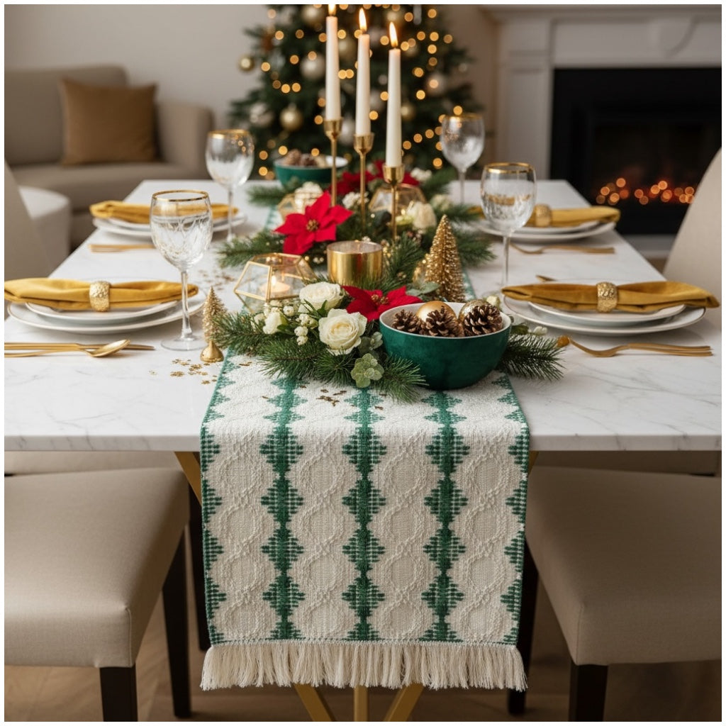 Beautifully Woven Green and Cream Cotton Crochet-Look Table Runner–30 × 180cm