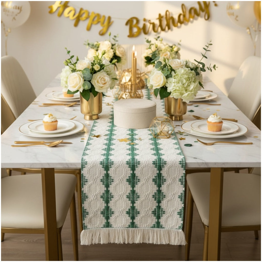 Beautifully Woven Green and Cream Cotton Crochet-Look Table Runner–30 × 180cm