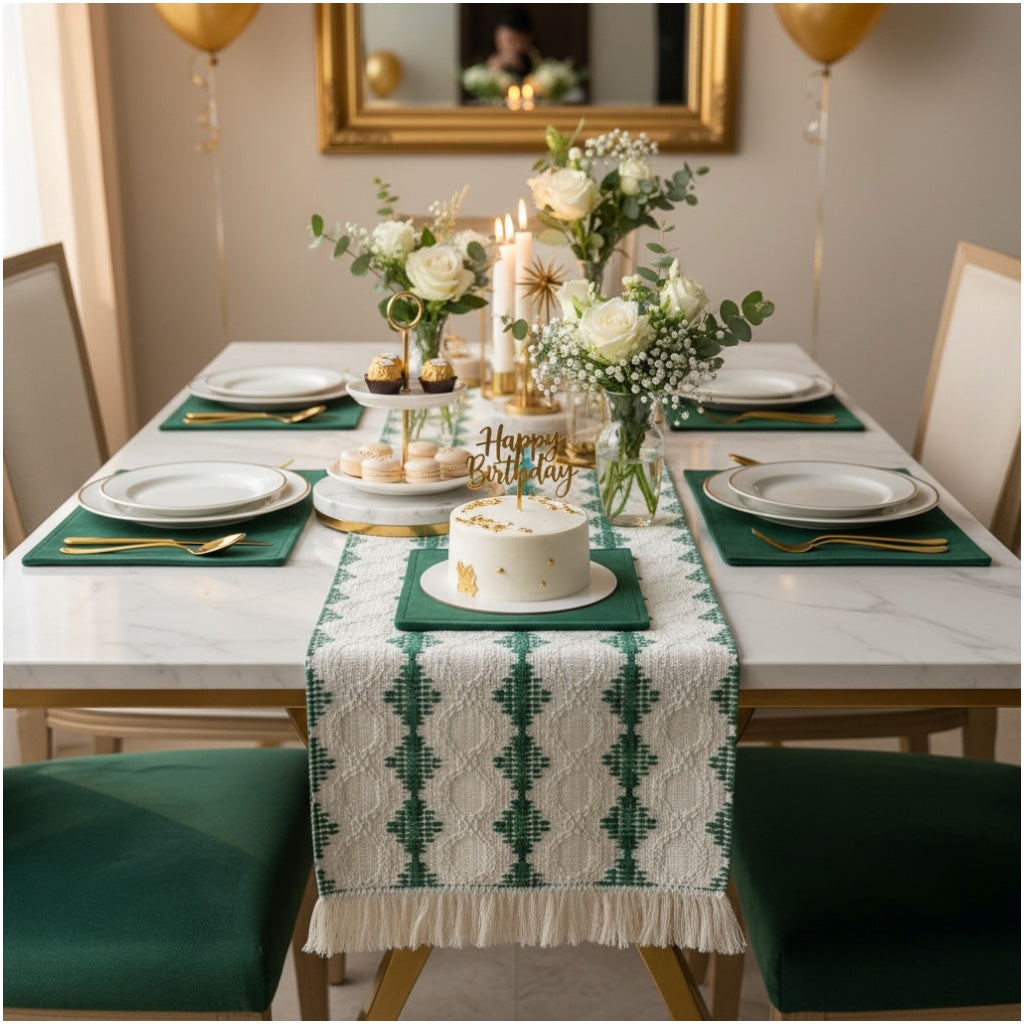 Beautifully Woven Green and Cream Cotton Crochet-Look Table Runner–30 × 180cm