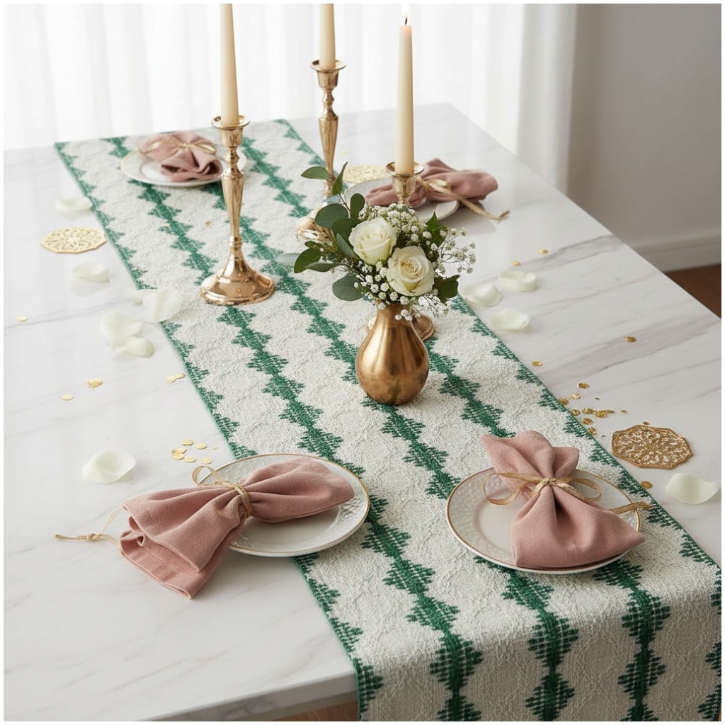 Beautifully Woven Green and Cream Cotton Crochet-Look Table Runner–30 × 180cm