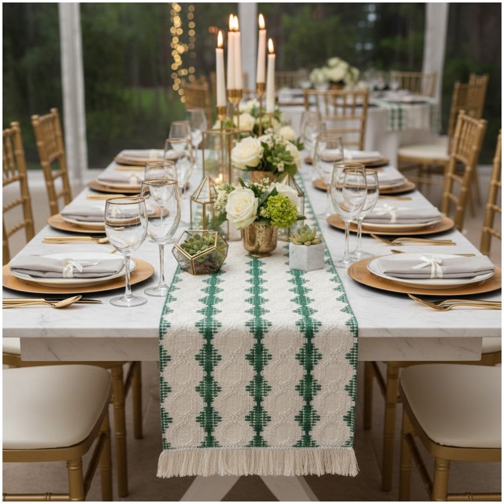 Beautifully Woven Green and Cream Cotton Crochet-Look Table Runner–30 × 180cm