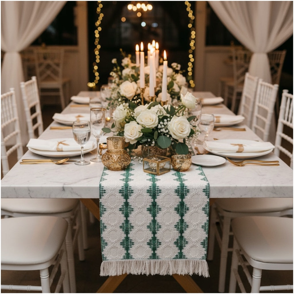 Beautifully Woven Green and Cream Cotton Crochet-Look Table Runner–30 × 180cm