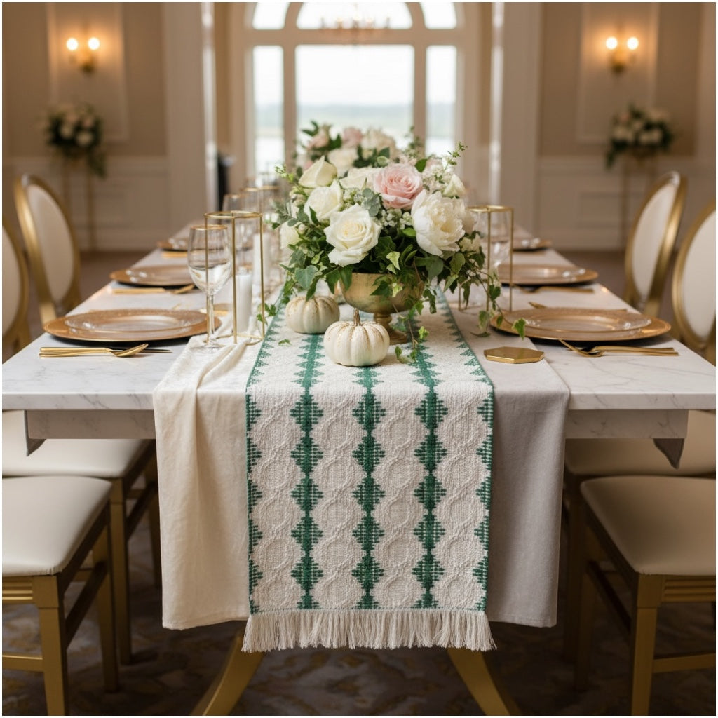 Beautifully Woven Green and Cream Cotton Crochet-Look Table Runner–30 × 180cm