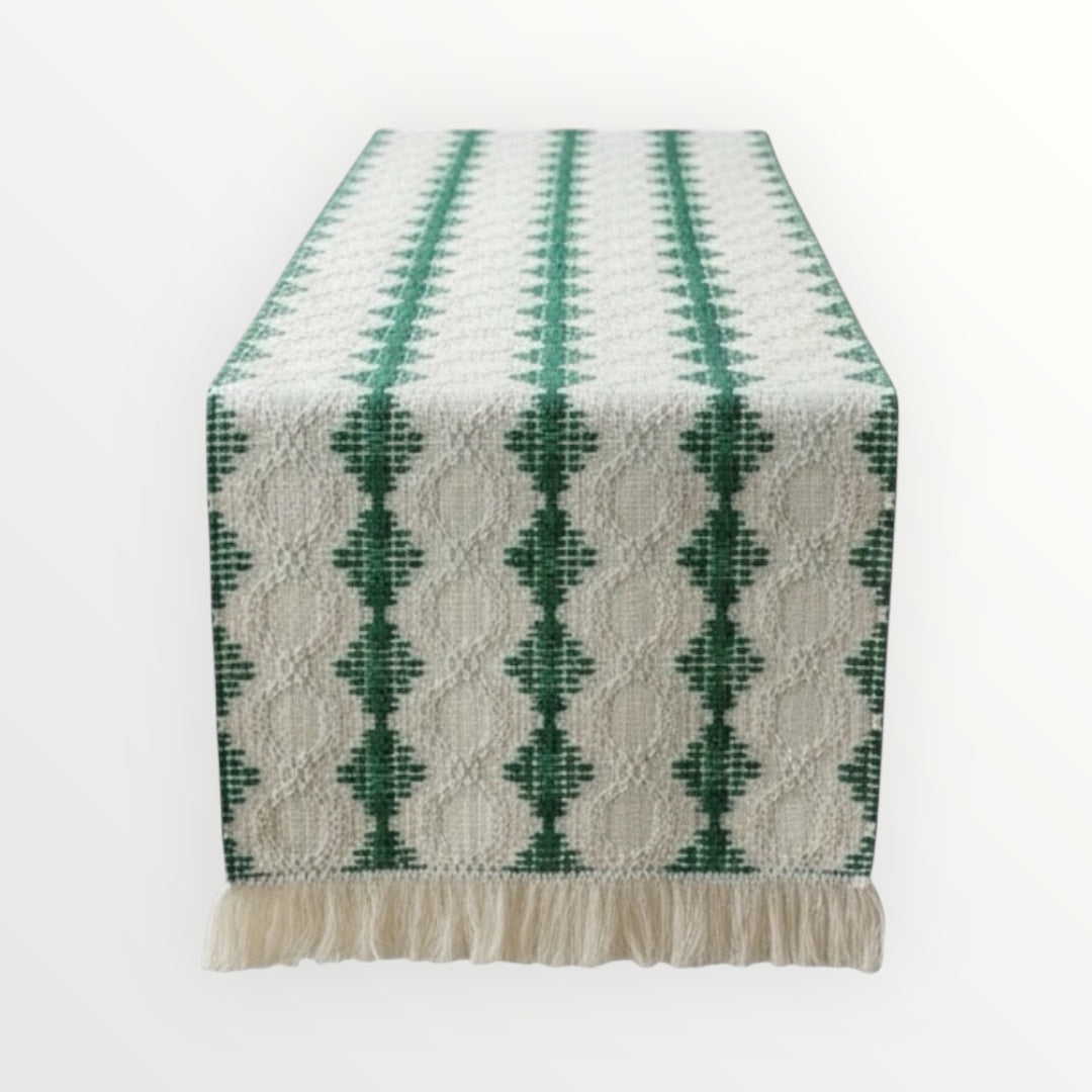 Beautifully Woven Green and Cream Cotton Crochet-Look Table Runner–30 × 180cm
