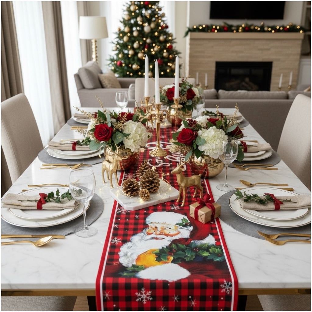 Beautiful Festive Santa Red Plaid Christmas Table Runner – 30 × 180 cm