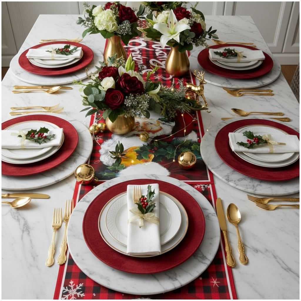 Beautiful Festive Santa Red Plaid Christmas Table Runner – 30 × 180 cm
