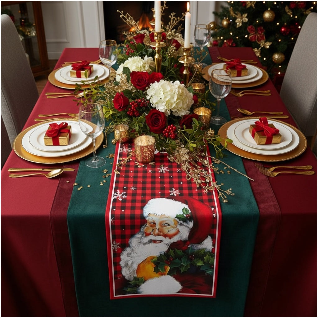 Beautiful Festive Santa Red Plaid Christmas Table Runner – 30 × 180 cm