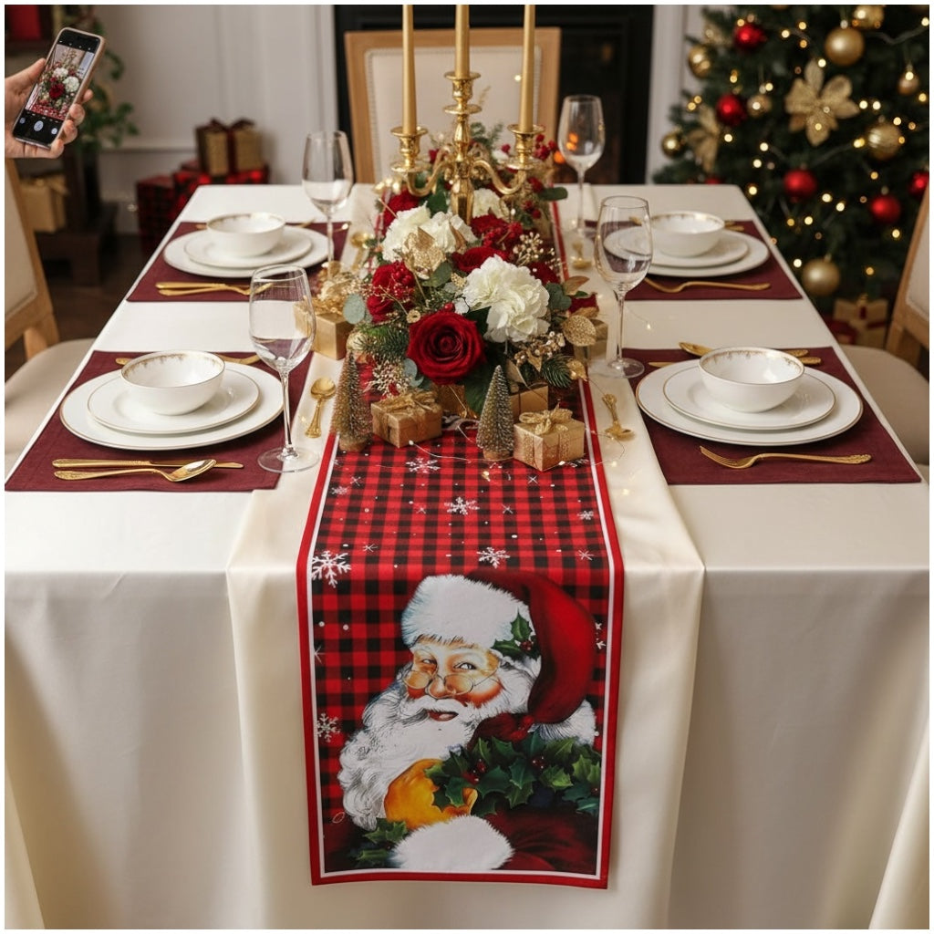 Beautiful Festive Santa Red Plaid Christmas Table Runner – 30 × 180 cm