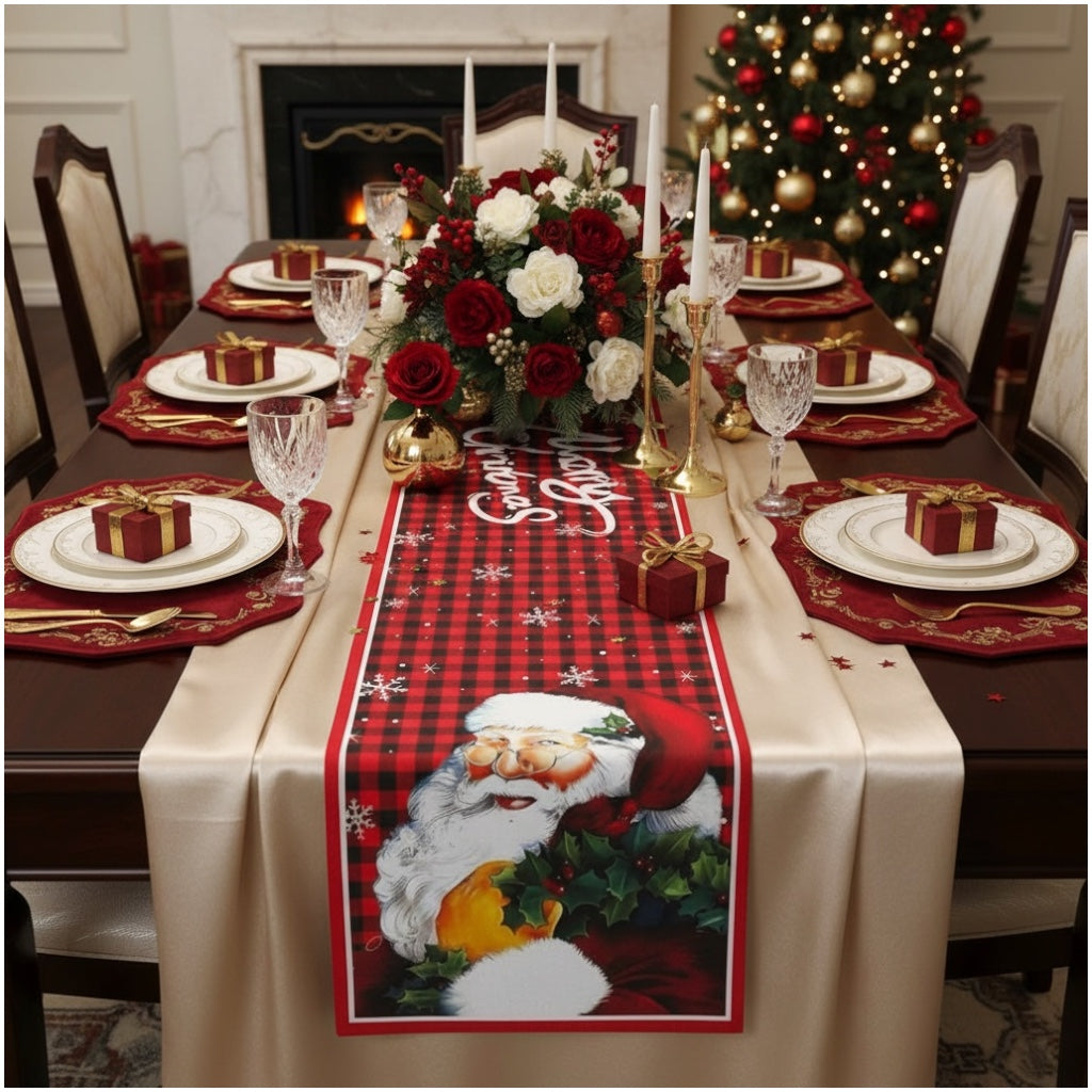 Beautiful Festive Santa Red Plaid Christmas Table Runner – 30 × 180 cm