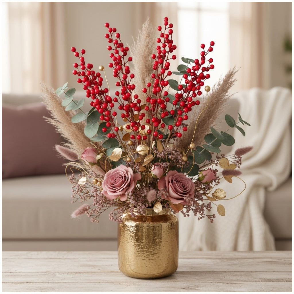 63cm Red Holly Berry Stems (Set of 4)–Beautiful Decorative Stalks for Vase