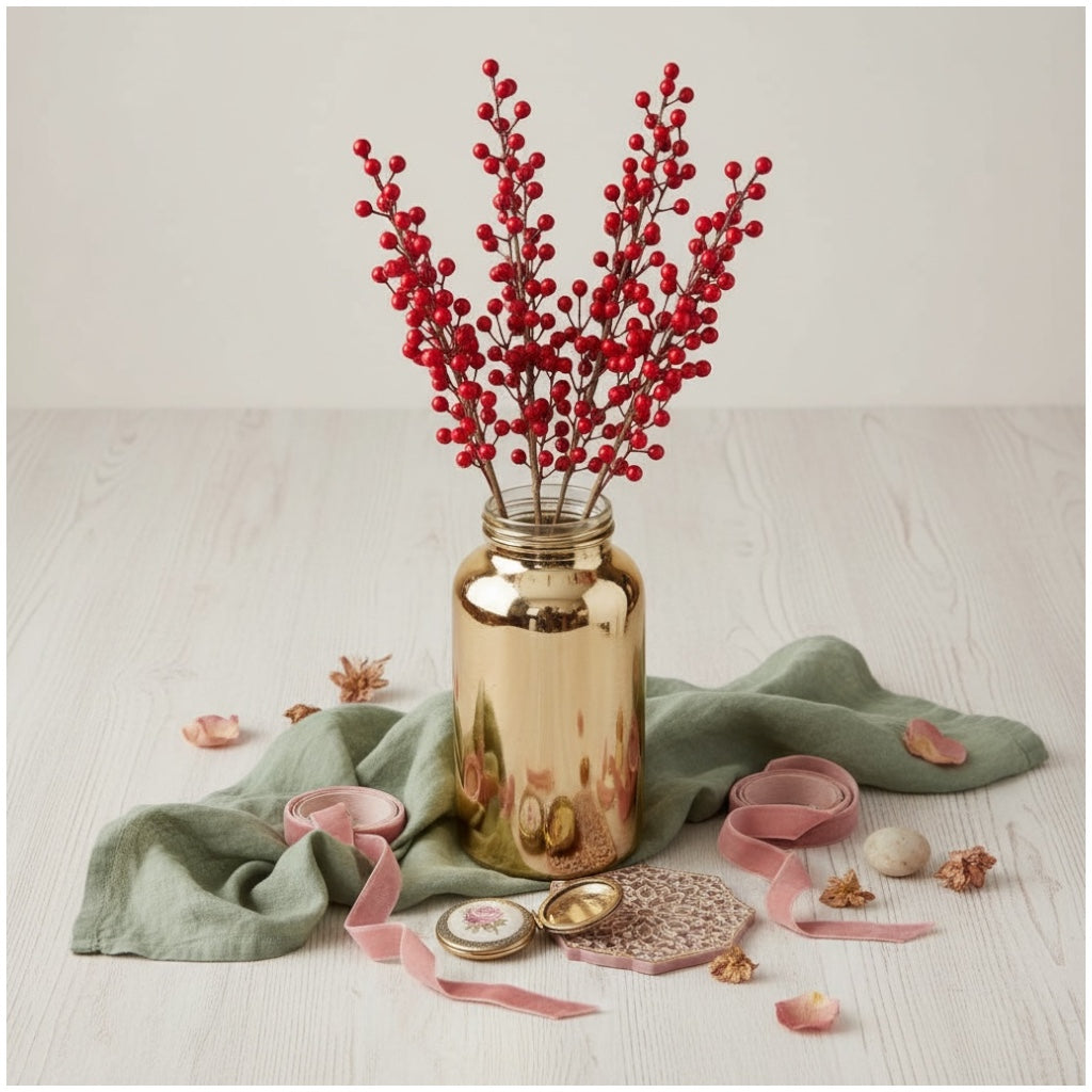 63cm Red Holly Berry Stems (Set of 4)–Beautiful Decorative Stalks for Vase