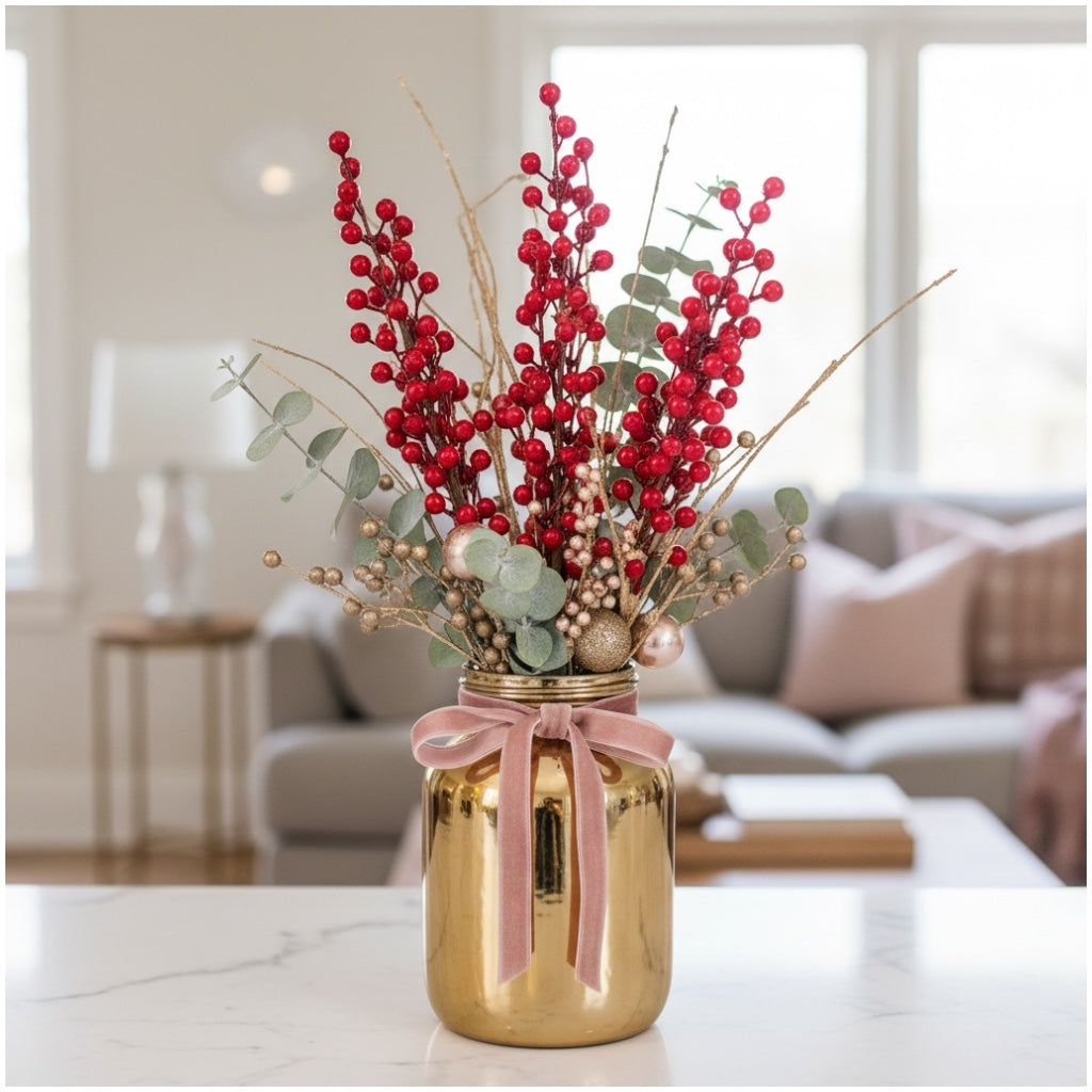 63cm Red Holly Berry Stems (Set of 4)–Beautiful Decorative Stalks for Vase