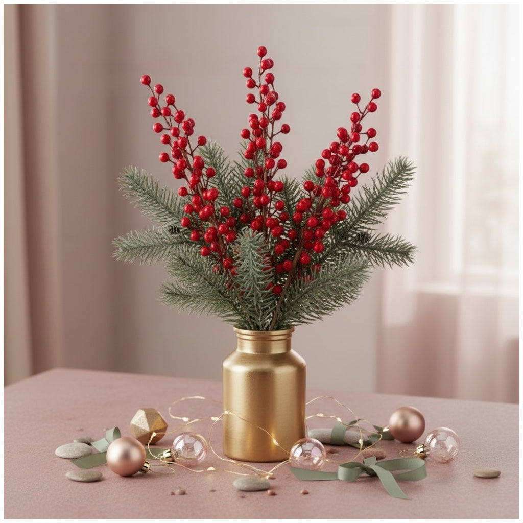 63cm Red Holly Berry Stems (Set of 4)–Beautiful Decorative Stalks for Vase