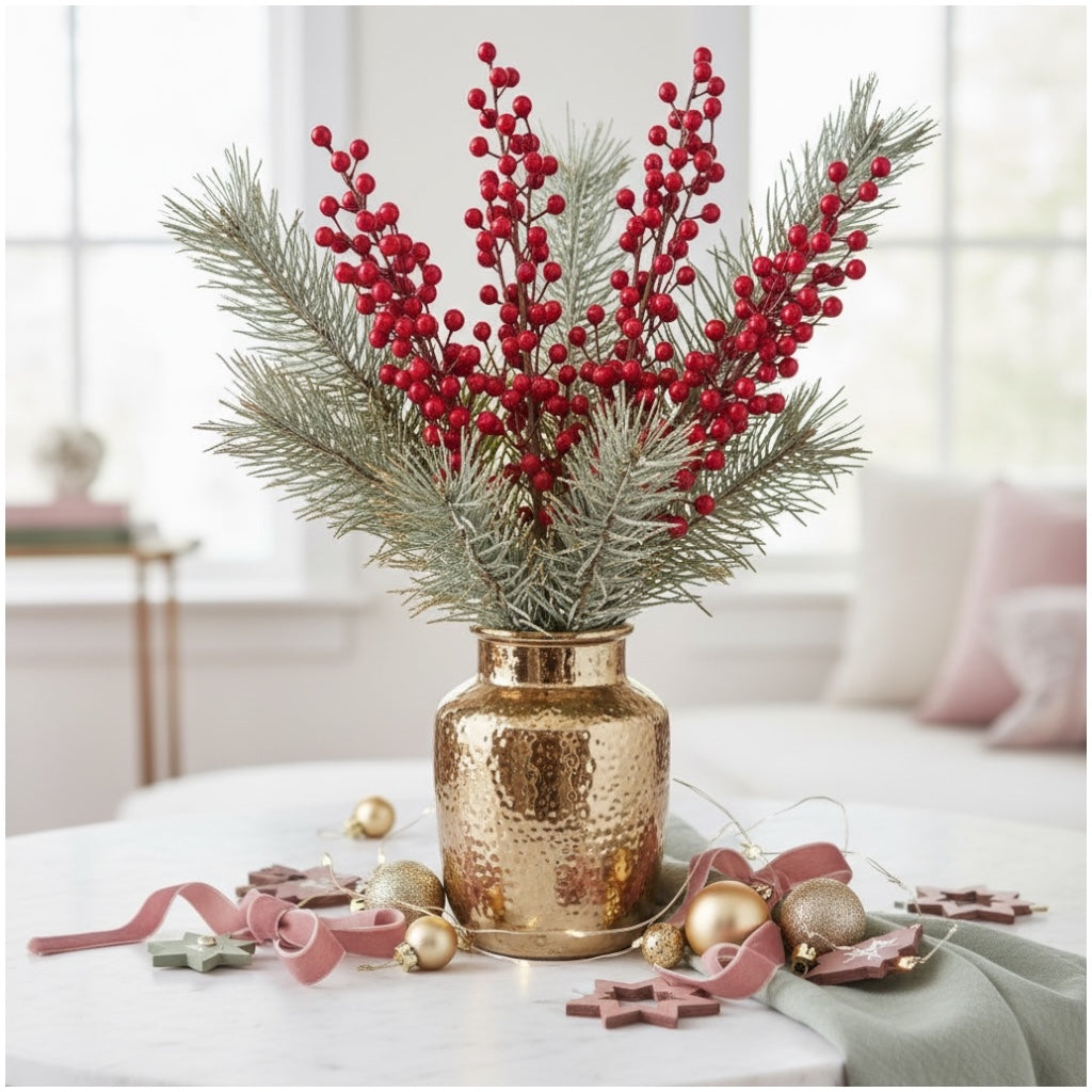 63cm Red Holly Berry Stems (Set of 4)–Beautiful Decorative Stalks for Vase