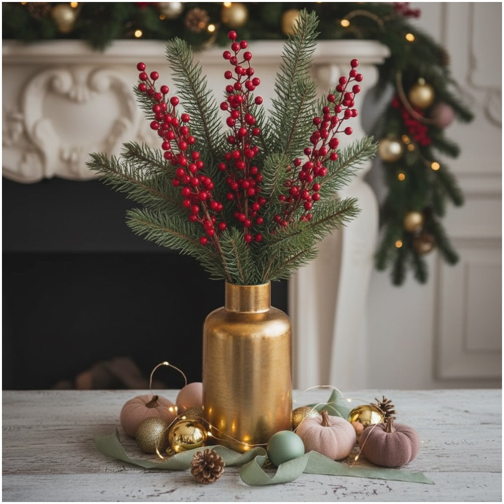 63cm Red Holly Berry Stems (Set of 4)–Beautiful Decorative Stalks for Vase