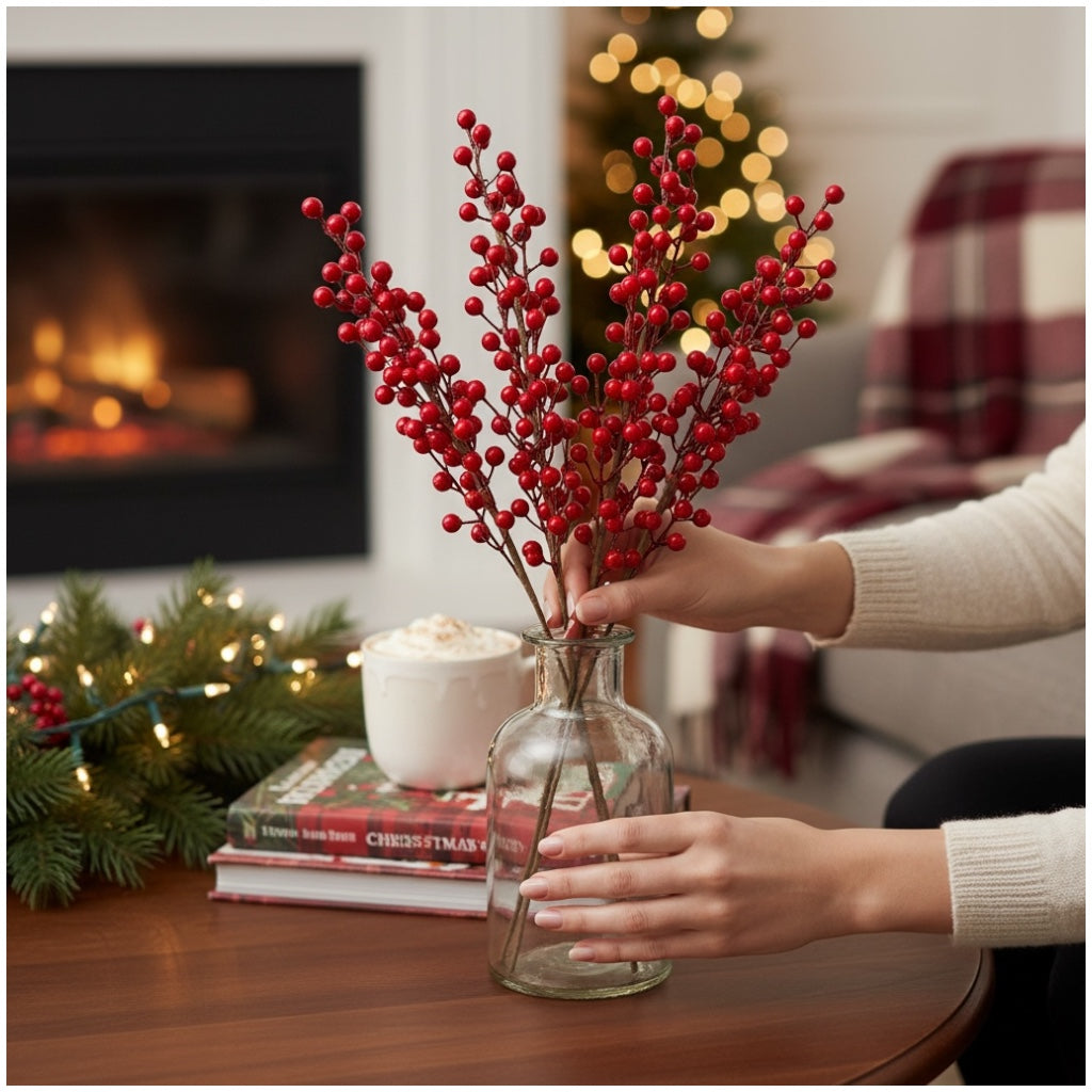63cm Red Holly Berry Stems (Set of 4)–Beautiful Decorative Stalks for Vase