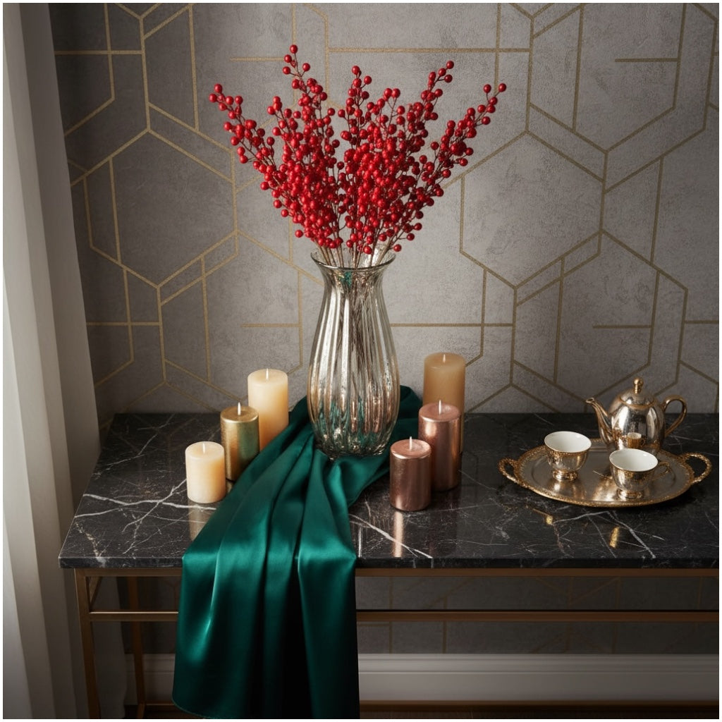 63cm Red Holly Berry Stems (Set of 4)–Beautiful Decorative Stalks for Vase