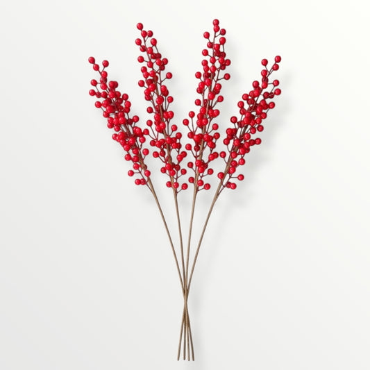 63cm Red Holly Berry Stems (Set of 4)–Beautiful Decorative Stalks for Vase