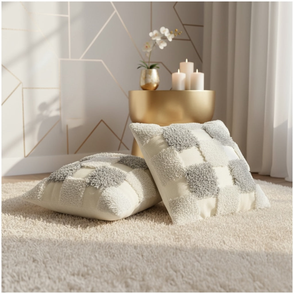 Modern Checkered Tufted Scatter Cushions – 45×45 cm (Set of 2
