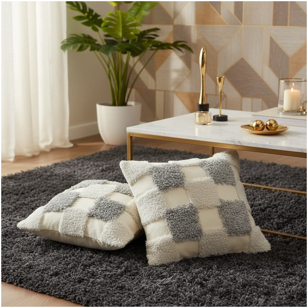 Modern Checkered Tufted Scatter Cushions – 45×45 cm (Set of 2