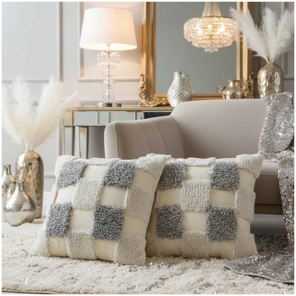 Modern Checkered Tufted Scatter Cushions – 45×45 cm (Set of 2