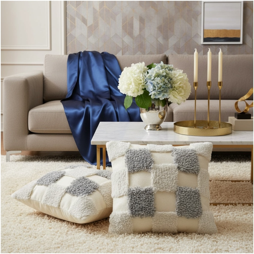 Modern Checkered Tufted Scatter Cushions – 45×45 cm (Set of 2