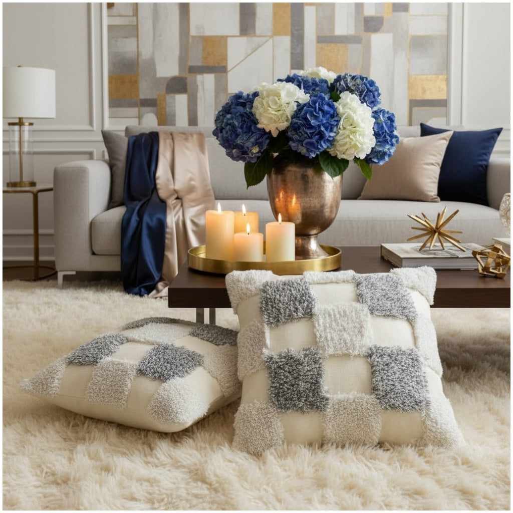 Modern Checkered Tufted Scatter Cushions – 45×45 cm (Set of 2