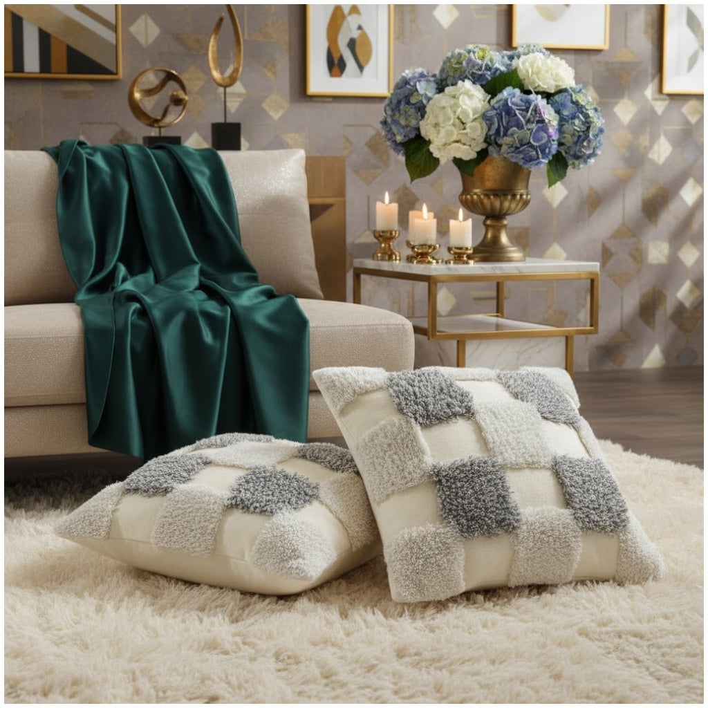 Modern Checkered Tufted Scatter Cushions – 45×45 cm (Set of 2