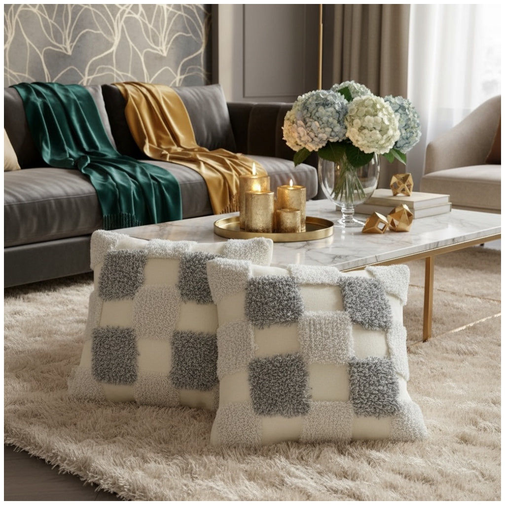 Modern Checkered Tufted Scatter Cushions – 45×45 cm (Set of 2