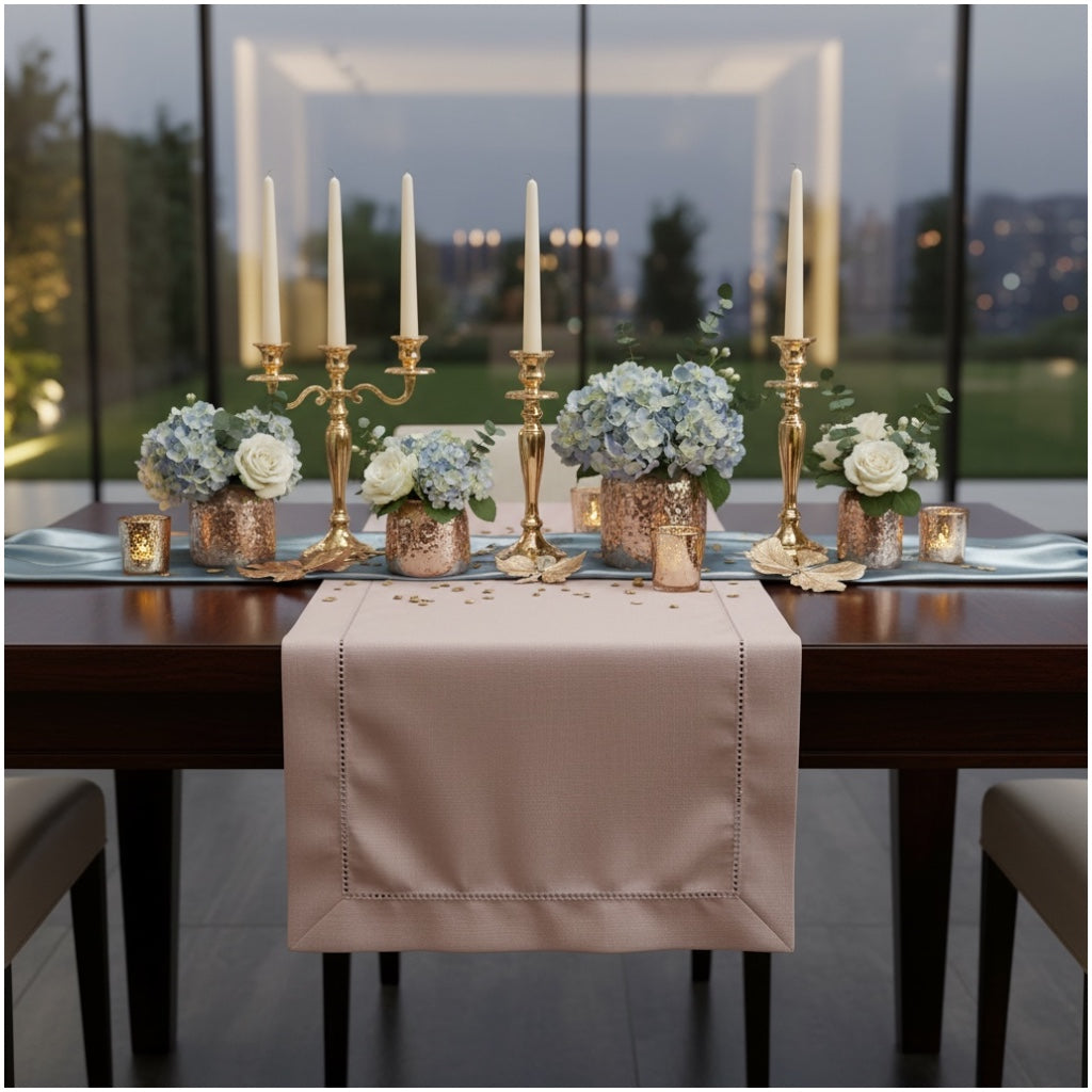Blush Pink Elegant Table Runner with Decorative Stitch Detail – 40 x 180 cm