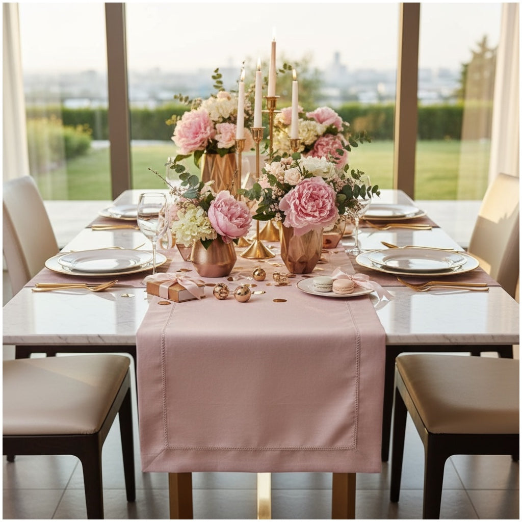 Blush Pink Elegant Table Runner with Decorative Stitch Detail – 40 x 180 cm