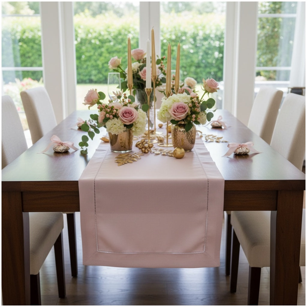 Blush Pink Elegant Table Runner with Decorative Stitch Detail – 40 x 180 cm