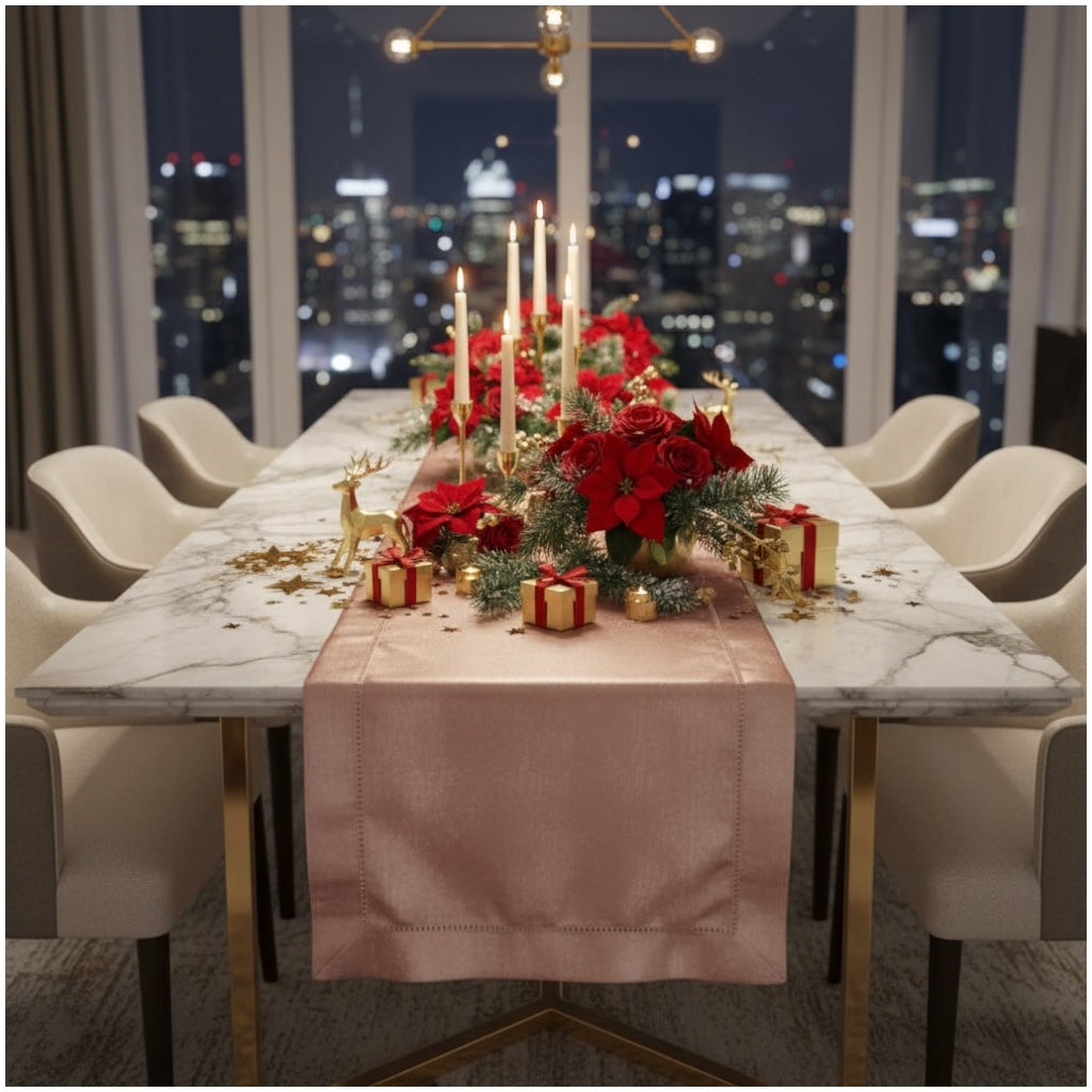 Blush Pink Elegant Table Runner with Decorative Stitch Detail – 40 x 180 cm