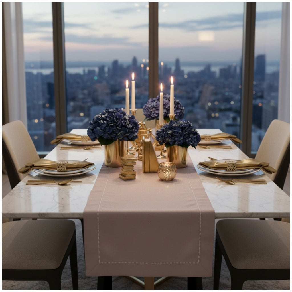 Blush Pink Elegant Table Runner with Decorative Stitch Detail – 40 x 180 cm