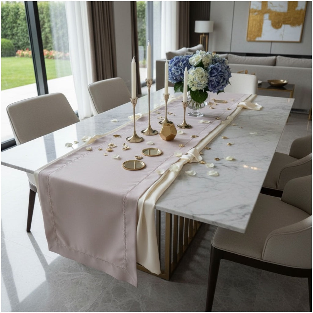 Blush Pink Elegant Table Runner with Decorative Stitch Detail – 40 x 180 cm