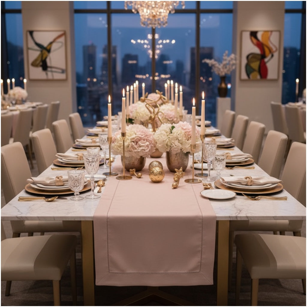 Blush Pink Elegant Table Runner with Decorative Stitch Detail – 40 x 180 cm
