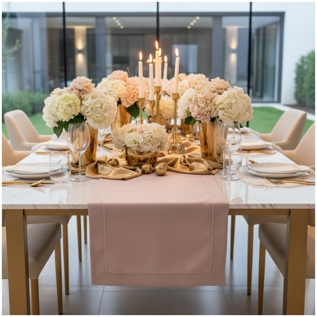 Blush Pink Elegant Table Runner with Decorative Stitch Detail – 40 x 180 cm