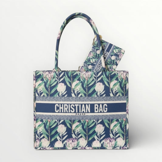 Chic Botanical Print Canvas Tote Bag with Matching Pouch